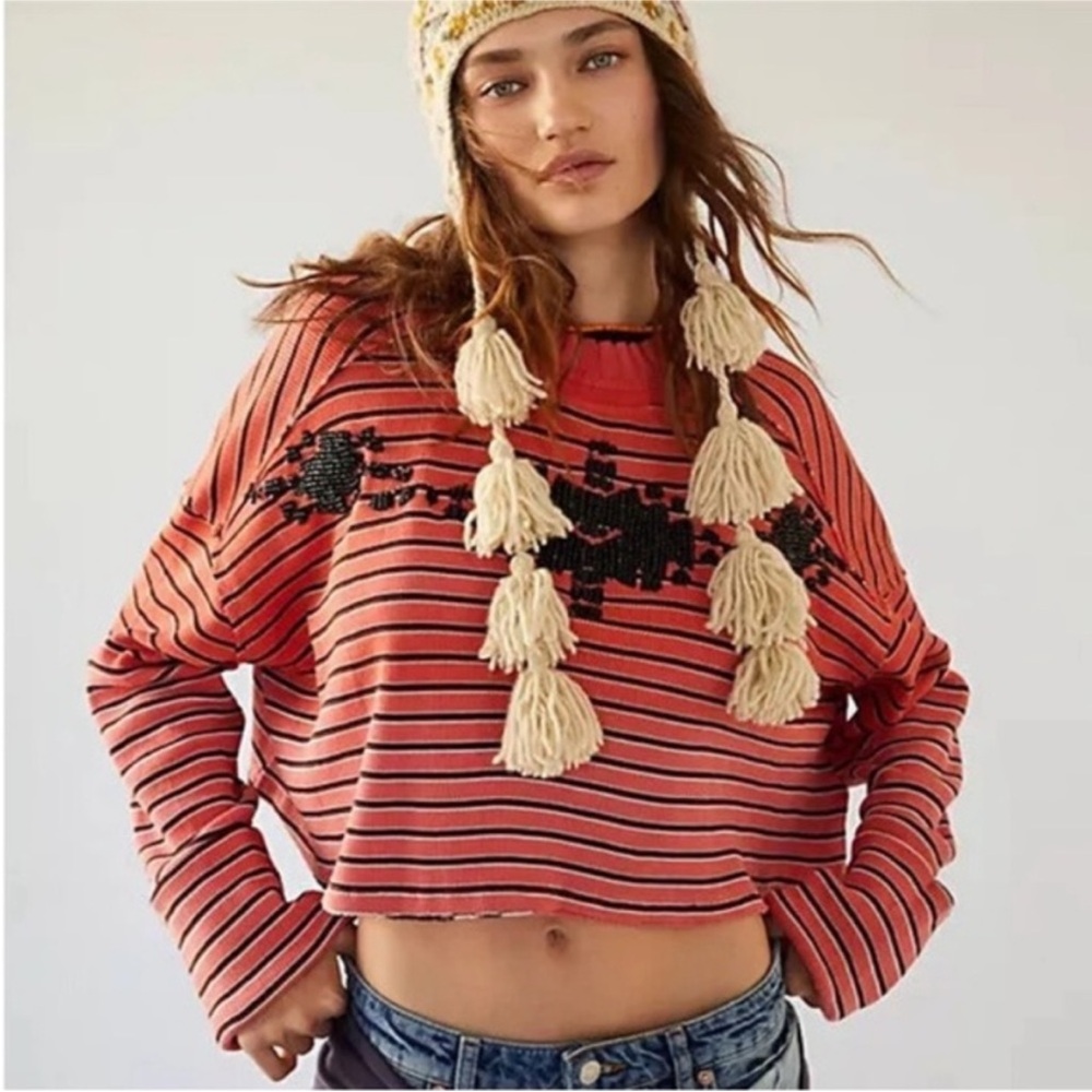 We The Free Orange and Navy Striped Crop Top with Beaded details
